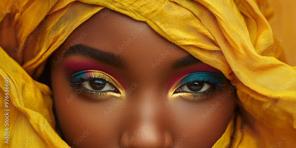 Close up of an African American woman with colorful eye makeup and a gold head scarf, generative AI Close up of an African American woman with colorful eye makeup and a gold head scarf, generative AI