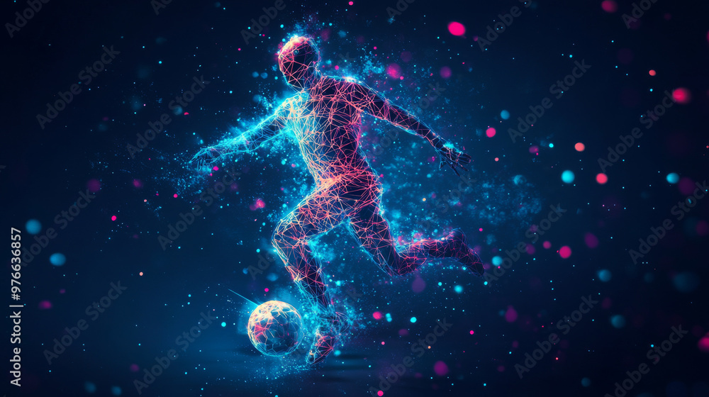 Polygonal ballplayer in motion composed of flying debris. Abstract baseball concept with vector mesh spheres. Futuristic technology style illustration. Polygonal ballplayer in motion composed of flying debris. Abstract baseball concept with vector mesh spheres. Futuristic technology style illustration.