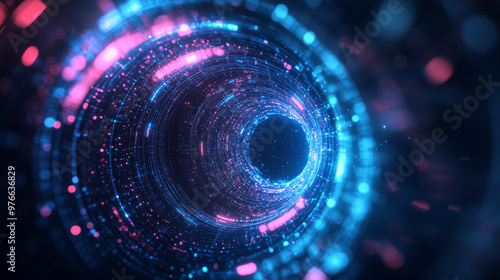 Abstract digital particle circles with noise. Futuristic circular sound wave. Visualization of big data. 3D virtual space and cyberspace. Cryptocurrency concept. Vector illustration.