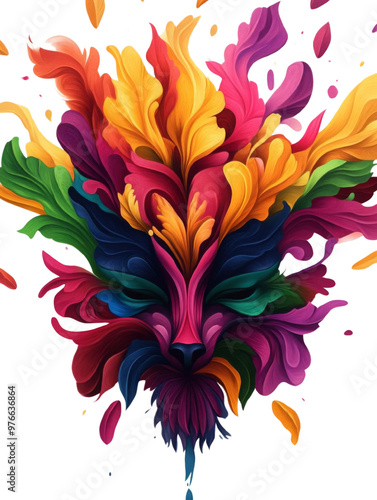 Vibrant and artistic lion head made of colorful abstract leaves, symbolizing creativity and strength.