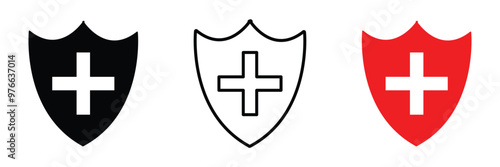 Health shield icons. Health protection symbols. Safety medicine. Immune system icon. Medical cross in the shield. Vector illustration in eps 10.