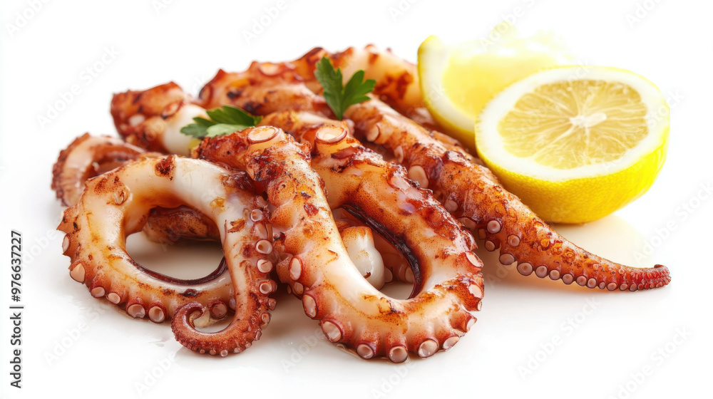Boiled Octopus Tentacles with Lemon isolated on white Background Boiled Octopus Tentacles with Lemon isolated on white Background
