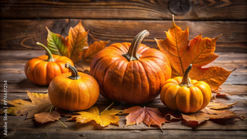 Rustic orange pumpkins occupy a wooden surface, surrounded by a scattering of dried leaves, their vibrant hues blending Rustic orange pumpkins occupy a wooden surface, surrounded by a scattering of dried leaves, their vibrant hues blending