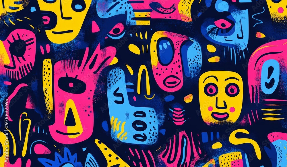 Vibrant Abstract Faces in Neon Colors On Dark Background Art Vibrant Abstract Faces in Neon Colors On Dark Background Art