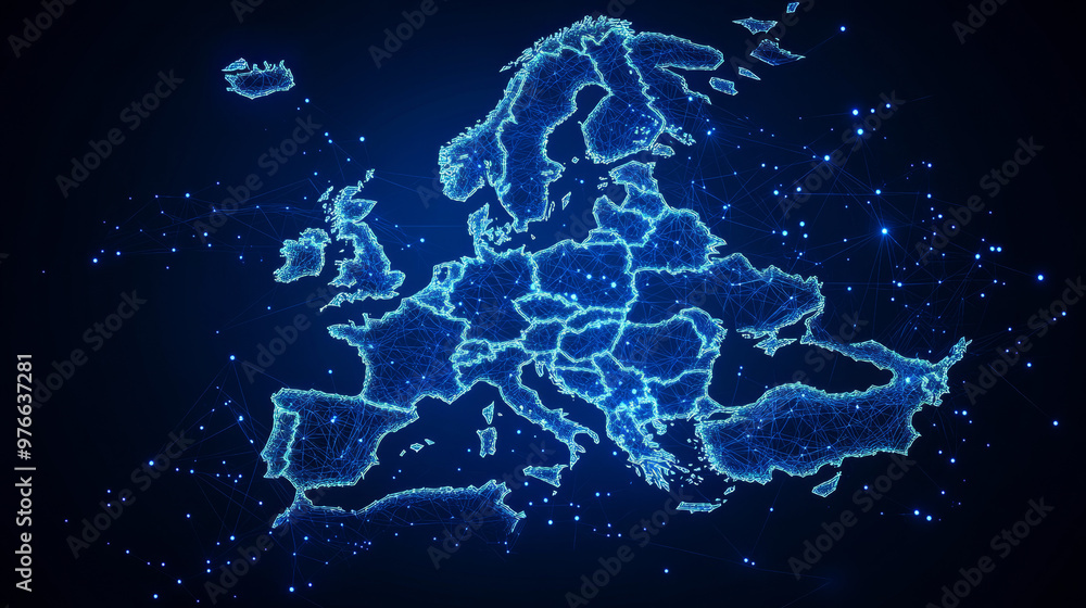 Polygonal map of Europe. World concept. Vector illustration with a mesh of spheres from flying debris. Thin line design in a blue structure style. Polygonal map of Europe. World concept. Vector illustration with a mesh of spheres from flying debris. Thin line design in a blue structure style.