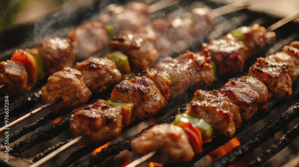 Sizzling meats and vibrant vegetables grilling on a smoky barbecue, perfect for a summer family Sizzling meats and vibrant vegetables grilling on a smoky barbecue, perfect for a summer family