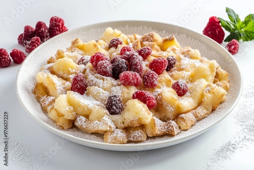 Kaiserschmarrn, a traditional German dish, is a fluffy pancake torn into pieces and topped with fresh berries and powdered sugar, creating a sweet and satisfying treat. photo