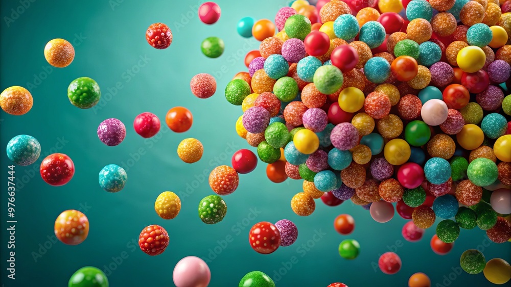 Seemingly weightless, brightly colored candy balls soar through the air, suspended in mid-flight on a blank, creamy Seemingly weightless, brightly colored candy balls soar through the air, suspended in mid-flight on a blank, creamy