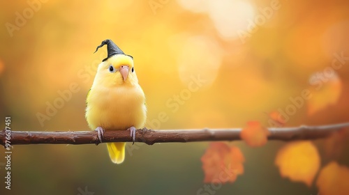 Parakeet dressed as a witch with a tiny pointy hat, perched on a broomstick, witch bird, cute magical parrot photo