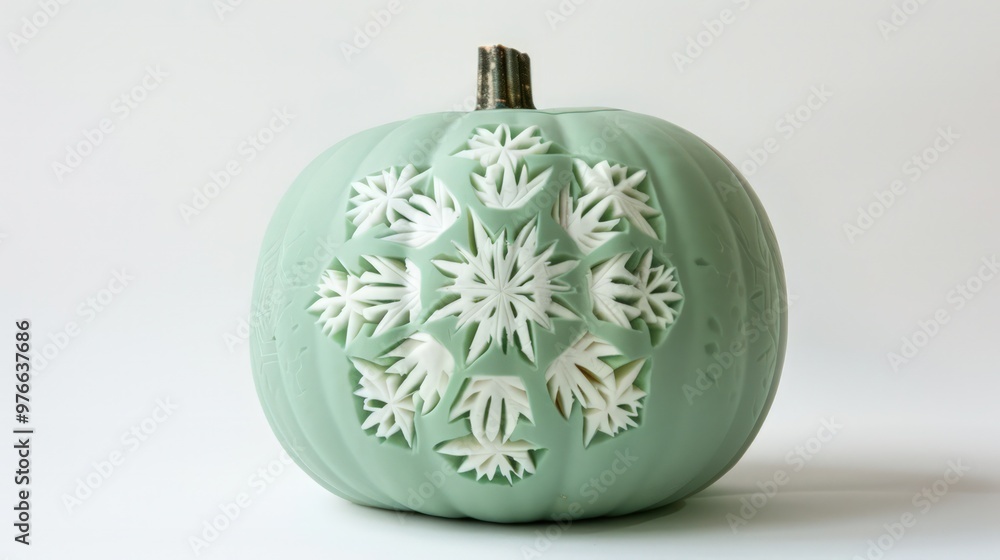 A mint green Halloween pumpkin with intricate white snowflake carvings on a stark white background, creating a fresh look. A mint green Halloween pumpkin with intricate white snowflake carvings on a stark white background, creating a fresh look.