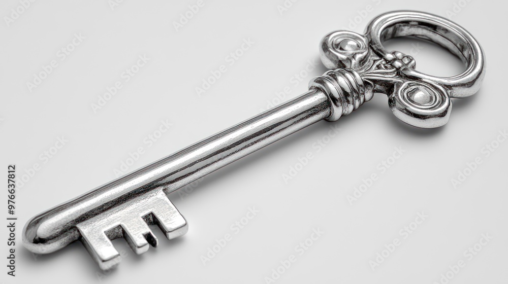 A decorative silver key with intricate designs and a classic shape. A decorative silver key with intricate designs and a classic shape.