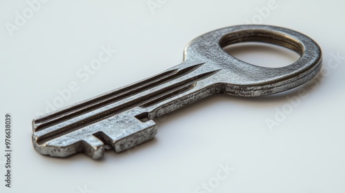 A close-up of a metallic key on a plain background.