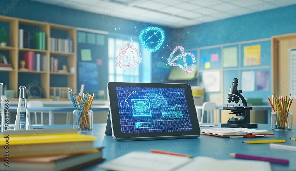 A digital tablet displaying holographic AI and DNA structures floating above it A digital tablet displaying holographic AI and DNA structures floating above it