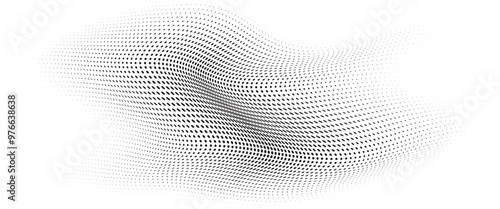 Flowing Wave Dot Halftone Pattern: Curve Gradient Shape on Transparent Background. Suitable for AI, Tech, Network, Digital, Science, and Technology Themes.