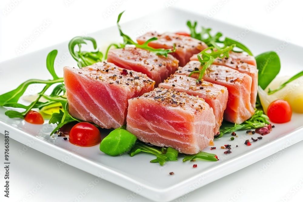 Seared Ahi Tuna served on a bed of arugula with a sprinkle of spices, a classic and delicious seafood dish. Seared Ahi Tuna served on a bed of arugula with a sprinkle of spices, a classic and delicious seafood dish.