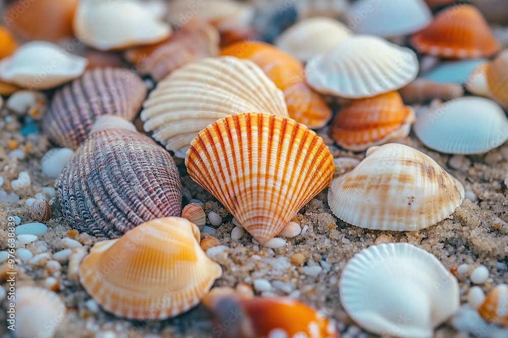 A close up of various seashells, including scallops and conch shells A close up of various seashells, including scallops and conch shells