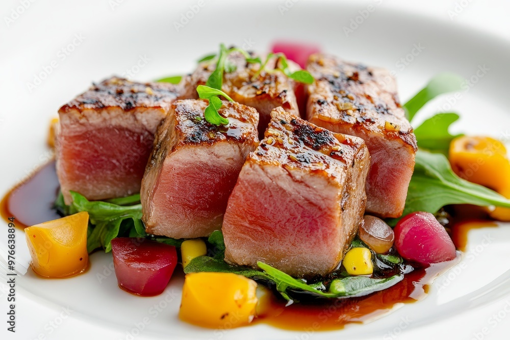 Seared Ahi Tuna with Fresh Salad and Glaze, a delectable seafood dish with a savory glaze, fresh greens, and vibrant vegetables. Seared Ahi Tuna with Fresh Salad and Glaze, a delectable seafood dish with a savory glaze, fresh greens, and vibrant vegetables.
