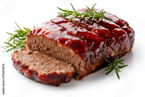 Sliced German Hackbraten, a savory meatloaf with a sweet and tangy glaze, garnished with fresh rosemary. A classic German dish, perfect for a family meal or special occasion. photo