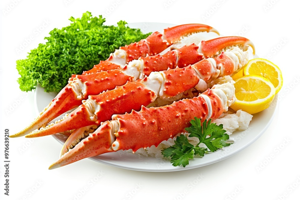 Steamed King Crab Legs, a delicious seafood dish, served on a white plate with fresh parsley and lemon wedges. Enjoy this fresh, succulent seafood treat for a memorable dining experience. Steamed King Crab Legs, a delicious seafood dish, served on a white plate with fresh parsley and lemon wedges. Enjoy this fresh, succulent seafood treat for a memorable dining experience.