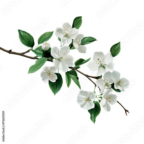 White flowers and green leaves on a branch