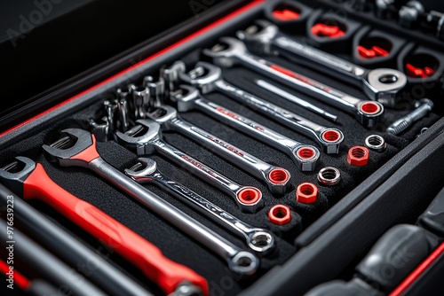 A close up of the tools in an open tool box, showcasing various bit gradients and wrenches photo