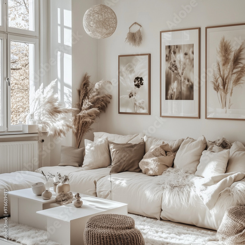 Cozy living room in boho style in white and beige color