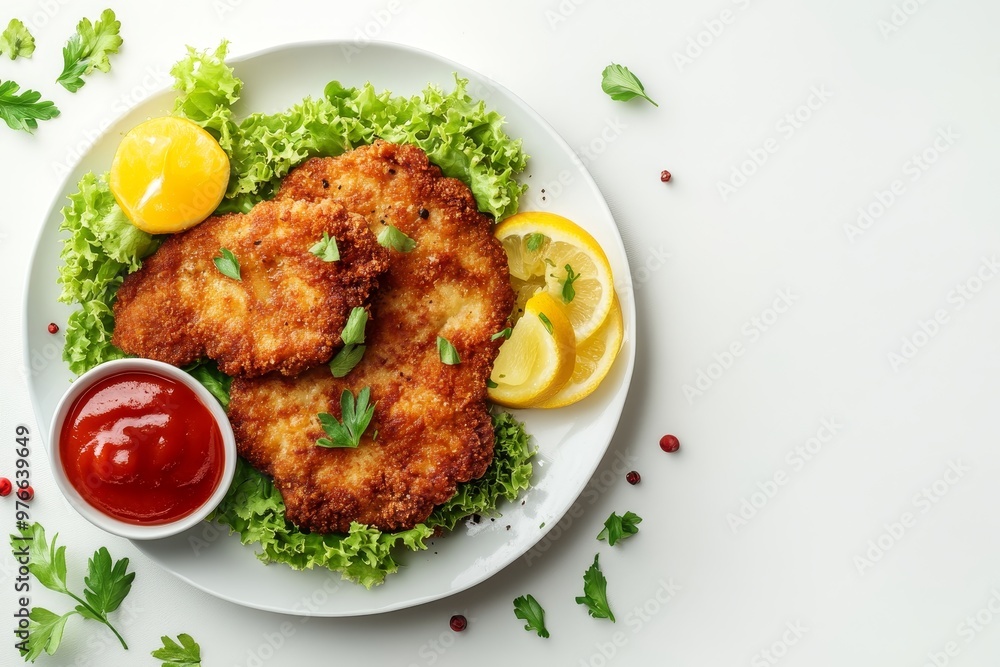 Two crispy schnitzels served with lemon wedges and parsley on a white plate, perfect for a delicious and satisfying meal. Two crispy schnitzels served with lemon wedges and parsley on a white plate, perfect for a delicious and satisfying meal.