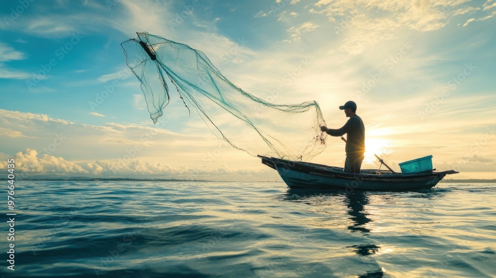 Naklejka premium Fisherman Casting Net at Sunrise, Traditional Fishing, Ocean Harvest, Coastal Life