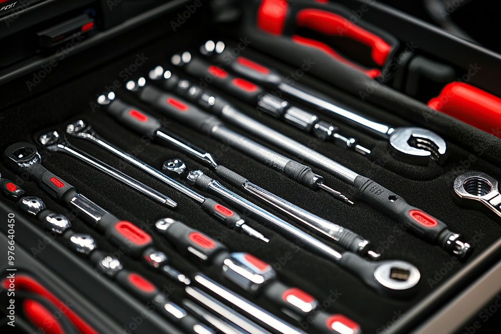 A close up of the tools in an open tool box, showcasing various bit gradients and wrenches A close up of the tools in an open tool box, showcasing various bit gradients and wrenches