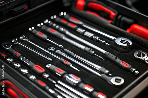 A close up of the tools in an open tool box, showcasing various bit gradients and wrenches photo