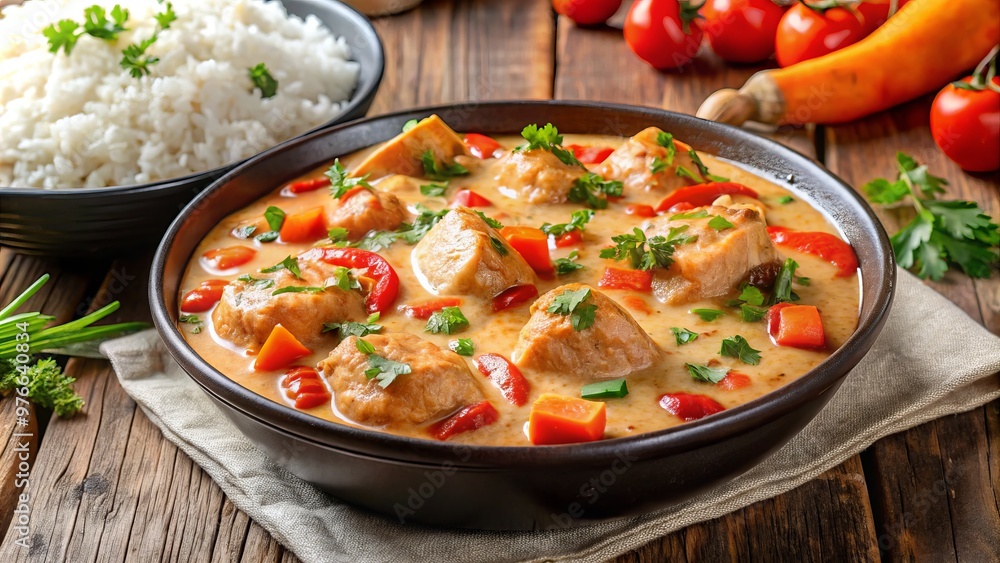 Tender chicken and rice combine with a colorful medley of vegetables in a rich paprika-infused stew, elevated by Tender chicken and rice combine with a colorful medley of vegetables in a rich paprika-infused stew, elevated by