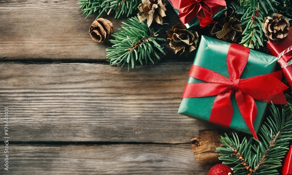 Boxes for Christmas gifts on fir branches with New Year's toys with copy space Boxes for Christmas gifts on fir branches with New Year's toys with copy space