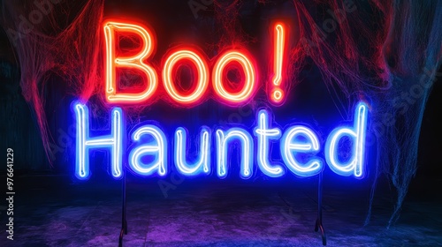 Neon Halloween Signs Bright neon colors spelling out "Boo!" or "Haunted" against a dark background