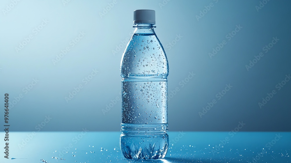A water bottle with condensation on a blue background. A water bottle with condensation on a blue background.
