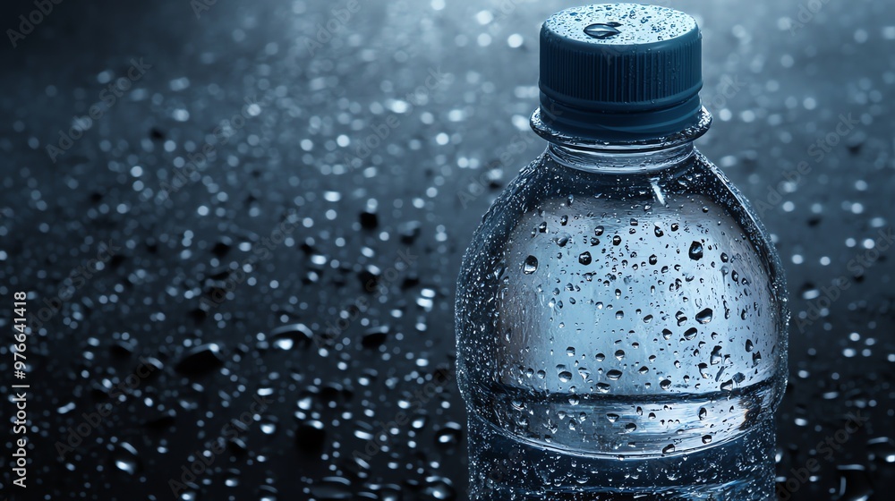 A plastic water bottle with condensation on a blue background. A plastic water bottle with condensation on a blue background.