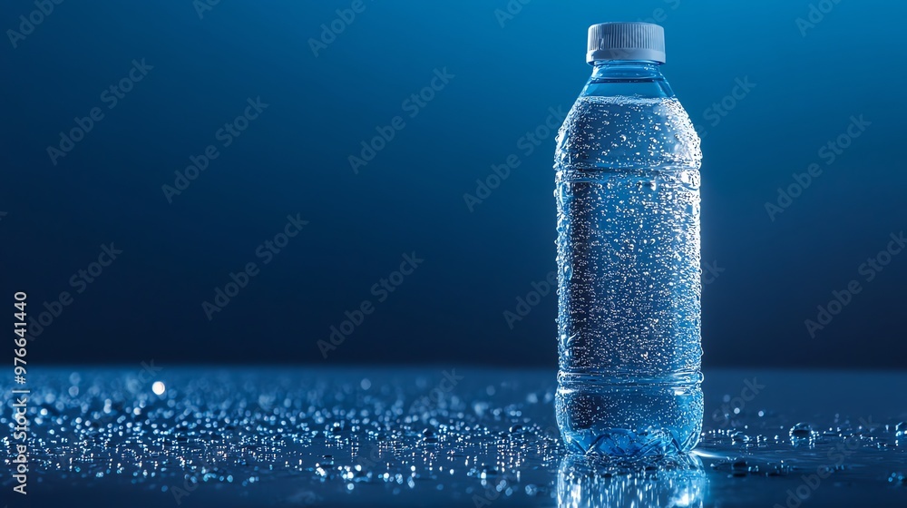 A plastic water bottle with condensation on a blue background. A plastic water bottle with condensation on a blue background.