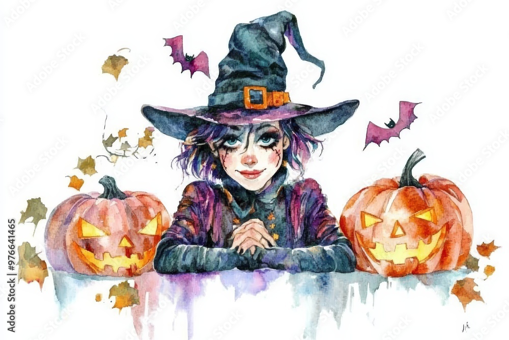 Watercolor illustration of a smiling witch with pumpkins and bats, perfect for Halloween decorations, greeting cards, and spooky themed projects. Watercolor illustration of a smiling witch with pumpkins and bats, perfect for Halloween decorations, greeting cards, and spooky themed projects.