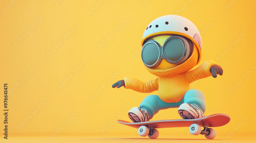 A cartoon character with a helmet and goggles rides a skateboard against a yellow background. A cartoon character with a helmet and goggles rides a skateboard against a yellow background.