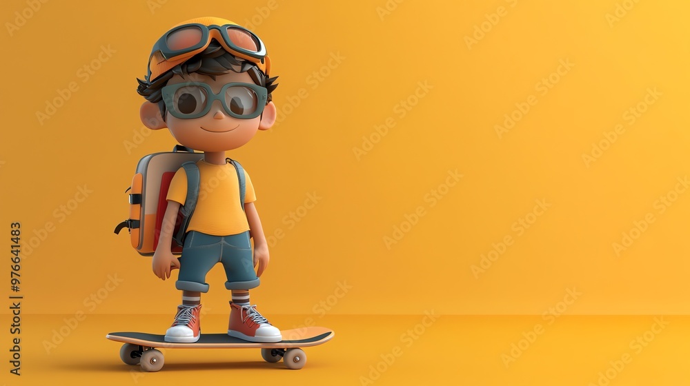A cartoon boy with a backpack and goggles stands on a skateboard with a yellow background. A cartoon boy with a backpack and goggles stands on a skateboard with a yellow background.