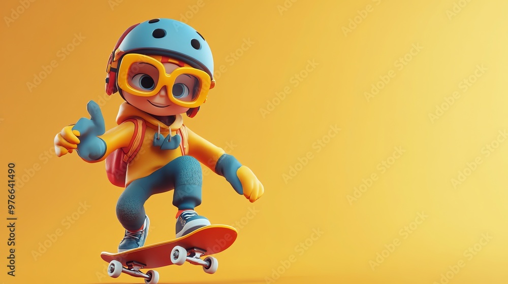 A cartoon boy with a backpack and goggles rides a skateboard against a yellow background. A cartoon boy with a backpack and goggles rides a skateboard against a yellow background.