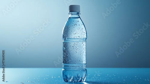 A water bottle with condensation on a blue background.