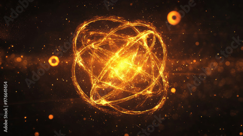 Abstract energy sphere in yellow, resembling a glowing atomic molecule with electric electrons and small round particles. The sphere appears on a black background with flying dots for a magical effect photo