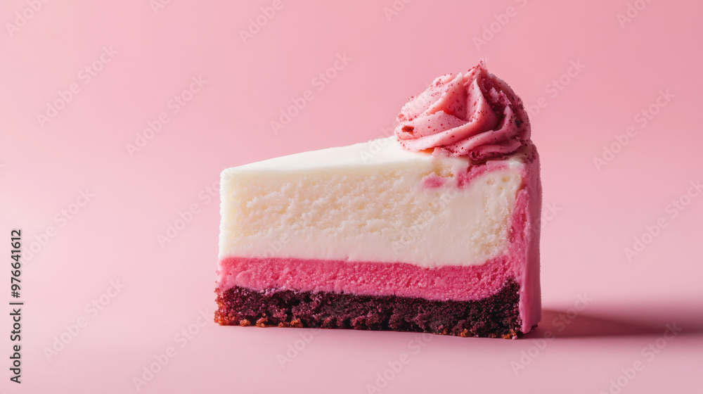 A Slice of Red Velvet Cake with White Frosting on a Pink Background A Slice of Red Velvet Cake with White Frosting on a Pink Background