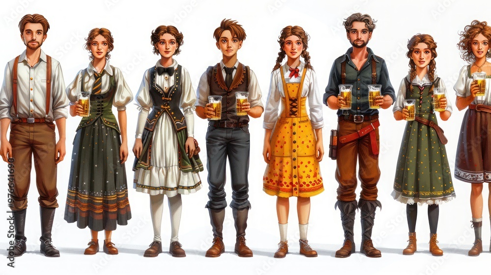 Fototapeta premium Oktoberfest Characters Set in Retro Style with Beer Glasses - Flat Cartoon Vector Illustration of Group of Diverse People in Traditional German Costumes on White Background