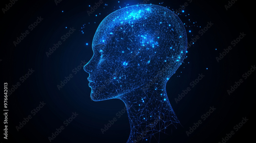 Robot. Artificial Intelligence. Side view of the head in low poly blue. Abstract polygonal science illustration with a starry sky or space theme. Vector image of a cyborg in RGB color mode. Robot. Artificial Intelligence. Side view of the head in low poly blue. Abstract polygonal science illustration with a starry sky or space theme. Vector image of a cyborg in RGB color mode.