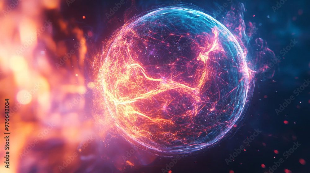 Abstract background featuring an energy sphere with bright glowing particles, resembling an atom of energy. The design conveys a scientific, futuristic, and high-tech aesthetic. Abstract background featuring an energy sphere with bright glowing particles, resembling an atom of energy. The design conveys a scientific, futuristic, and high-tech aesthetic.
