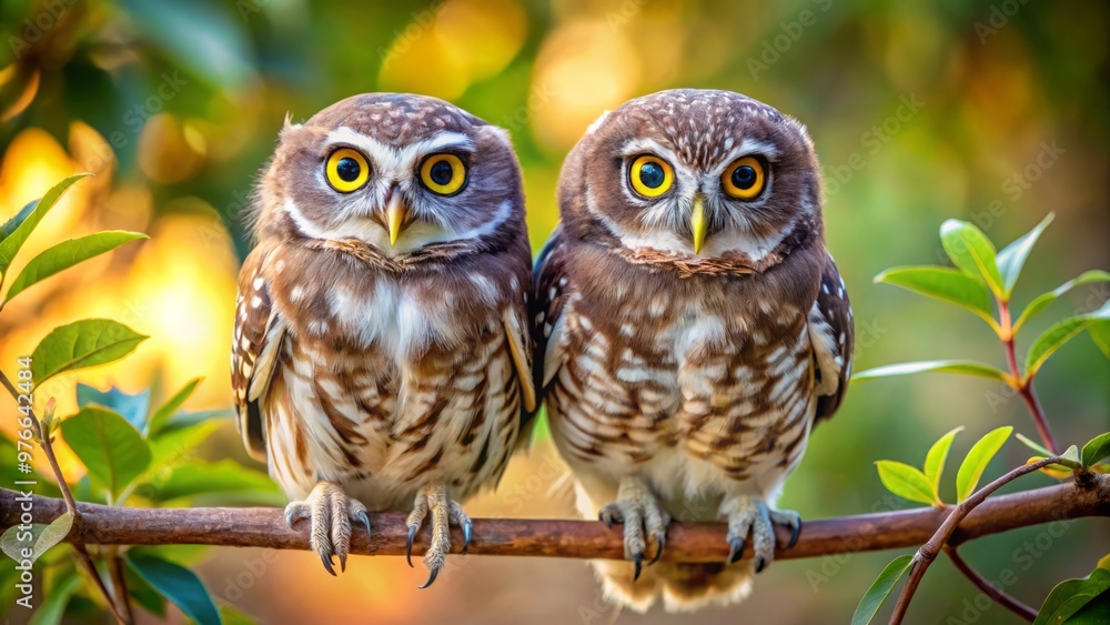 The pair of owls gaze directly at the camera, their piercing eyes a vibrant shade of gold, radiating The pair of owls gaze directly at the camera, their piercing eyes a vibrant shade of gold, radiating