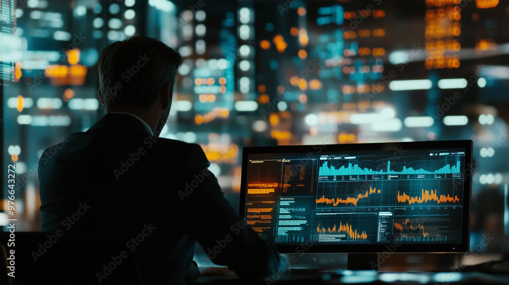 Businessman at desk analyzing revenue charts on digital screen, focused on financial growth and business success, office equipment in background. Businessman at desk analyzing revenue charts on digital screen, focused on financial growth and business success, office equipment in background.