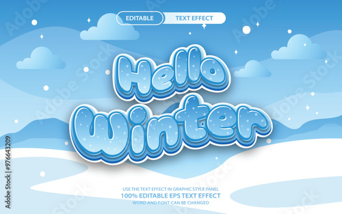 Hello Winter editable text effect design with a cool, snowy theme for seasonal graphics