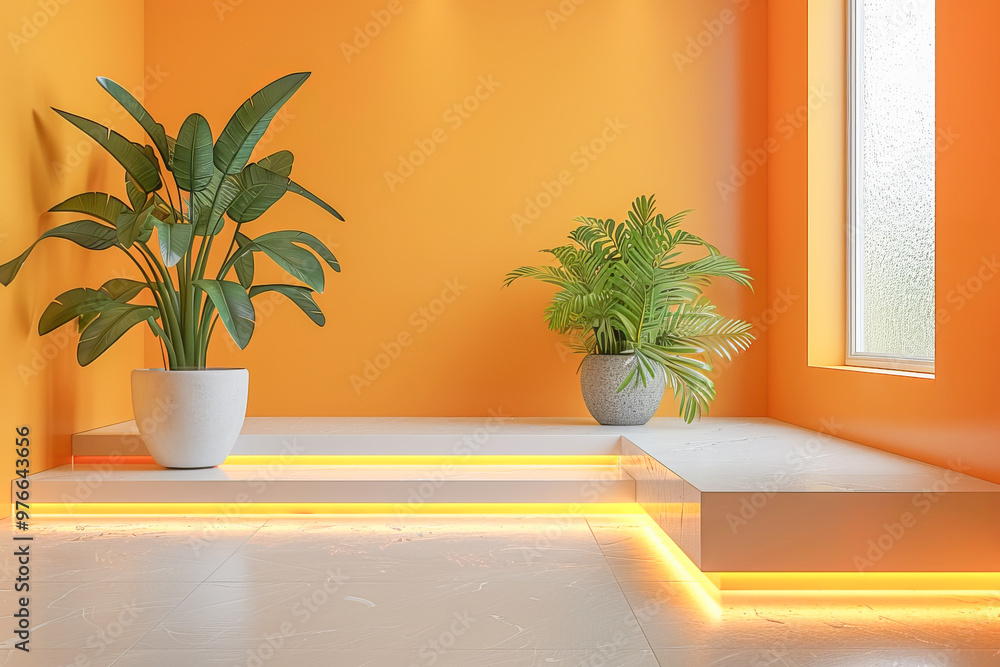 Modern empty minimalist interior with yellow wall and plants Modern empty minimalist interior with yellow wall and plants